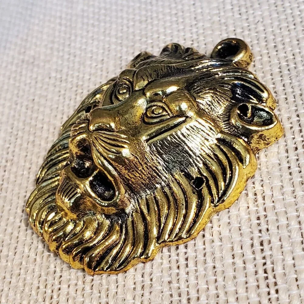 New Vintage 90s Roaring Lion 55x45mm Antique Gold Alloy Metal Statement Pendant